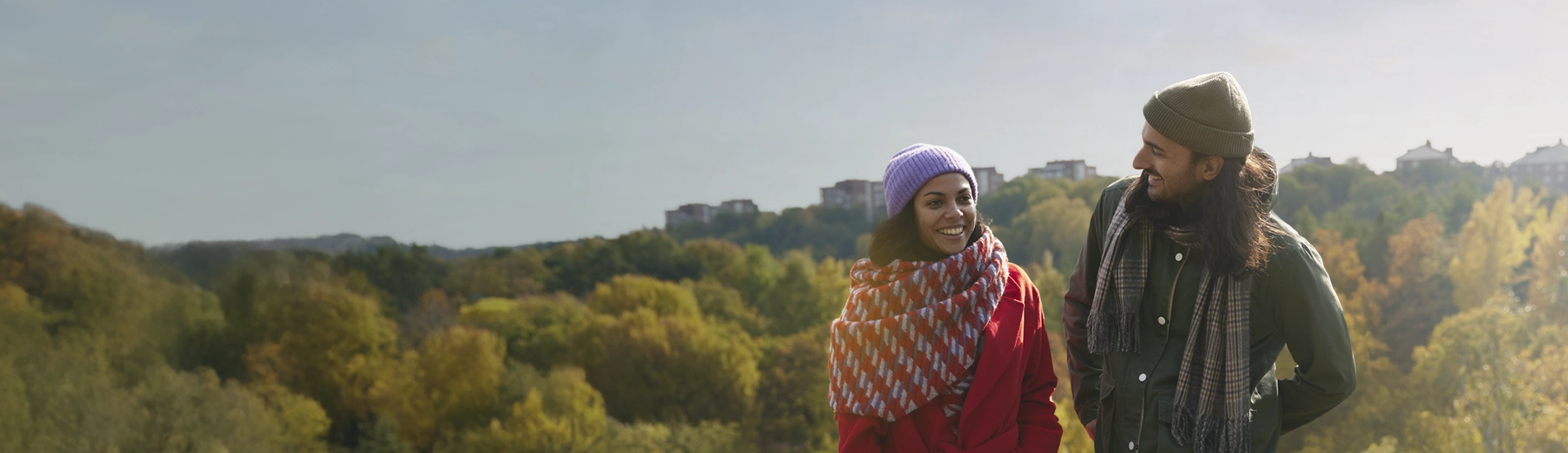 Two friends chatting on a walk